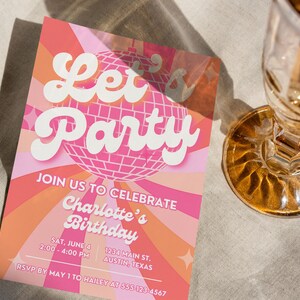 Pink and orange 70s party invitation for a groovy adult's retro party, capturing the essence of disco birthday celebrations.