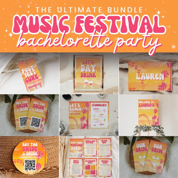 Music Festival Bachelorette Party Bundle with Editable Templates for Retro Desert Music Fest Hen or Boho Theme in Palm Springs, Cali, SADIE