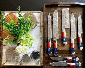 chef knife set, handmade damascus steel knives, kitchen knife set, beautiful gift for him or her, set of 7 knives, razor sharp knives.