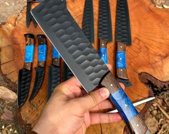 Kitchen Knives Set, Handmade D2 Steel Knife, Chef Set of 9 knives with Knife Sharpener, Razor Sharp Blades, Beautiful Gifts for Men & Women