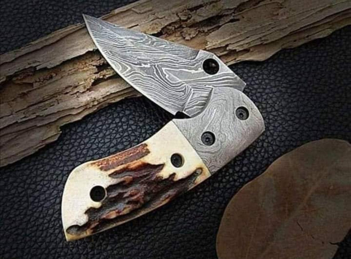 Damascus Steel Folding Knife Stag Horn Handle Pocket Knife Etsy UK