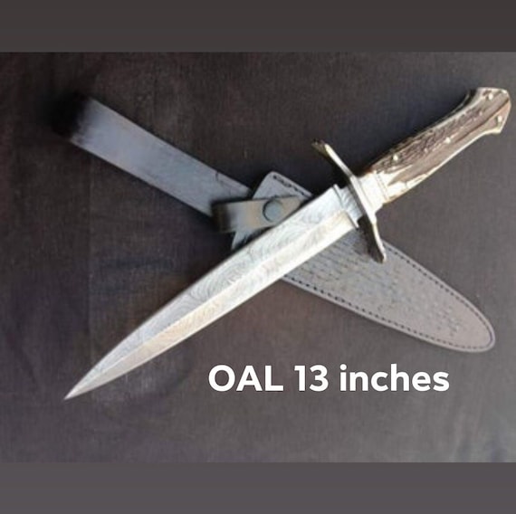Handmade Damascus Steel Dagger Knife with Stag Horn Handle