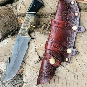 Beautiful Stag Antler gut hook hunting knives, Available D2 steel & Damascus steel, Camping Skinner Knife, Father Day gifts, Birthday gift