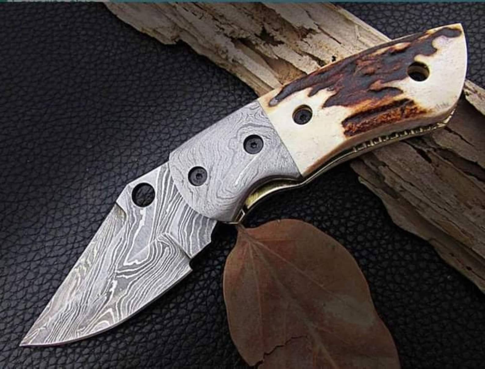 Damascus Steel Folding Knife Stag Horn Handle Pocket Knife Etsy UK