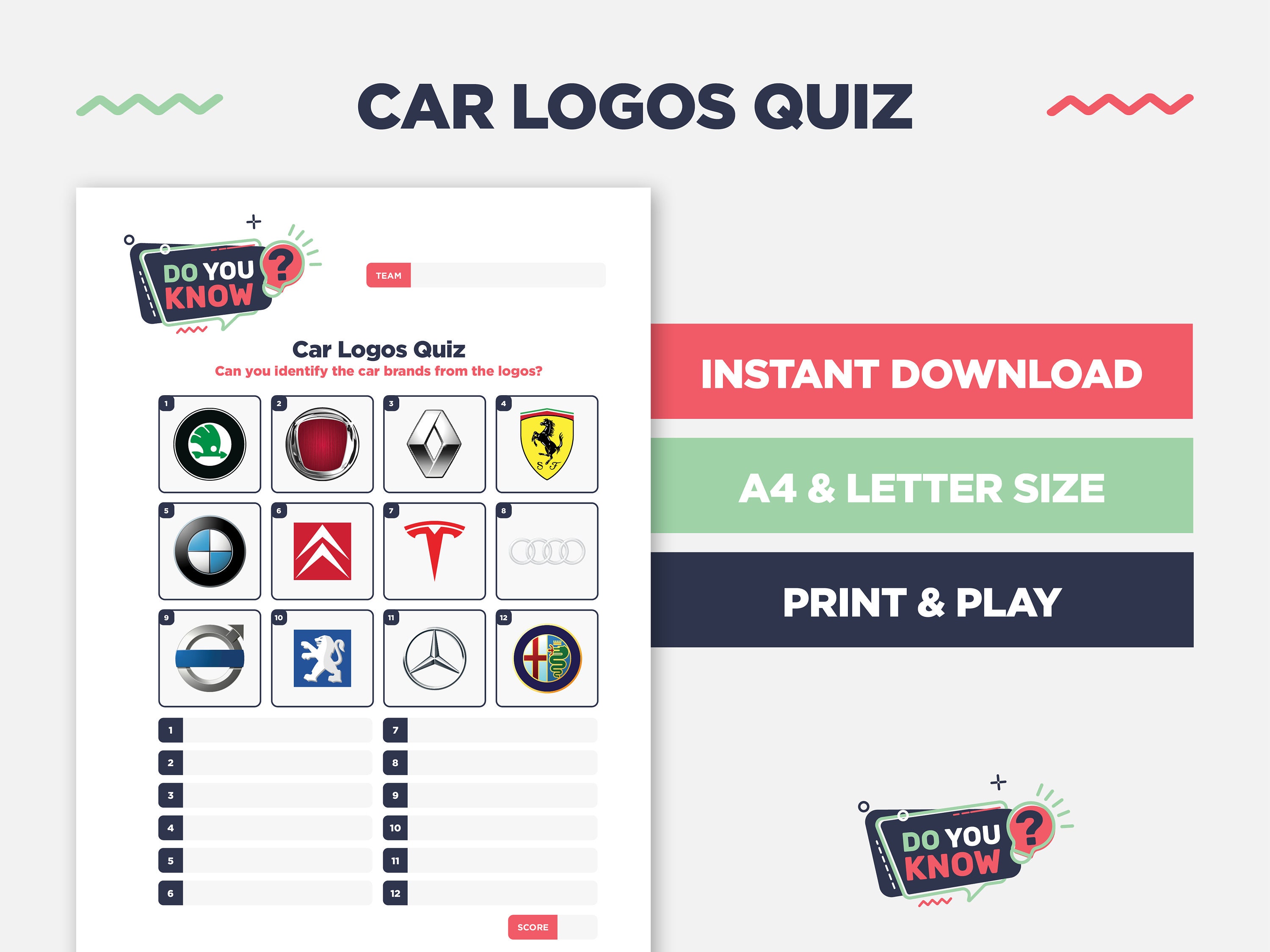 Car Logos Quiz Pub Quiz Picture Round Guess the (Instant Download) 