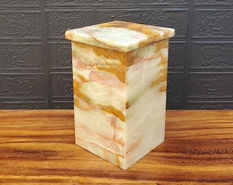 Green and Brown Onyx Cremation Urn for Ashes , Memorial Urn with Lid, Polished Stone