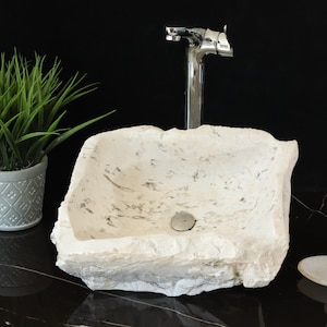 Onyx Stone Vessel Bathroom Sink, 14 x 10.5 inch White Stone Hand Basin, Small Rustic Bathroom Sink