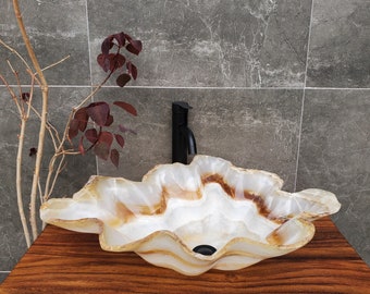 White and Brown Onyx Stone Vessel Bathroom Sink, 24.5 x 19 inch Above Counter Basin, Neutral Polished Finish Sink