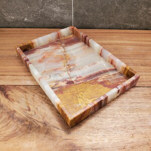 Banded Onyx Stone Bathroom Accessory Tray. Rectangle Towel Tray. Upscale Luxury Design elements found at www.felipandgrace.com