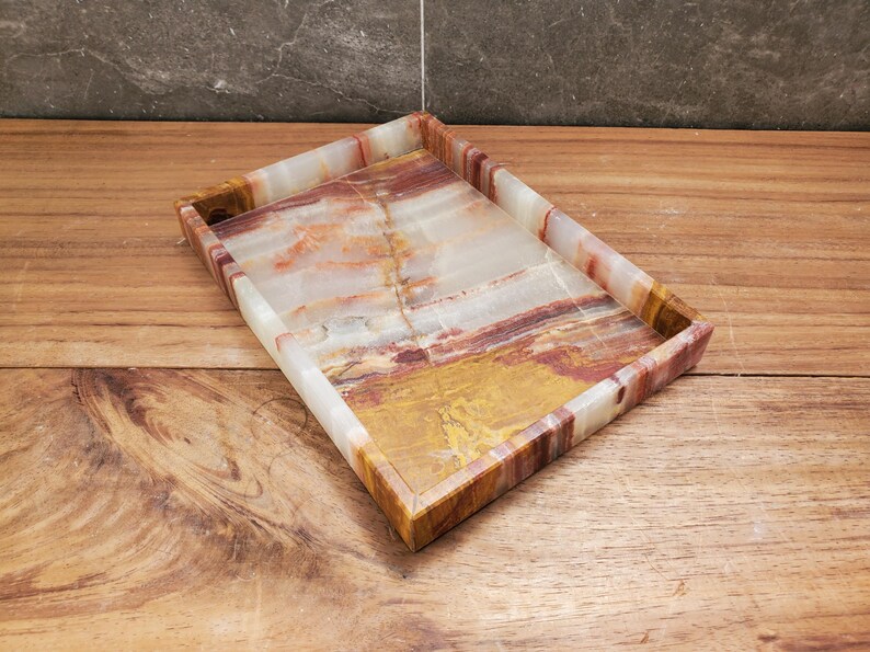 Banded Onyx Stone Bathroom Accessory Tray. Rectangle Towel Tray. Upscale Luxury Design elements found at www.felipandgrace.com