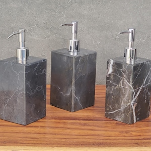 Marble Stone Liquid Soap or Lotion Dispenser, Polished Square Stone Bottle, Nickel Spout, Decorative Handmade Bath Accessory, Black