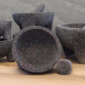 Perfect for salsas, guacamole, meats, barbecues, seafood, appetizer, etc. These bowl & pestle molcajetes are a must have for your parties, family dinners,  restaurant, or formal special occasions. Black/dark grey lava rock