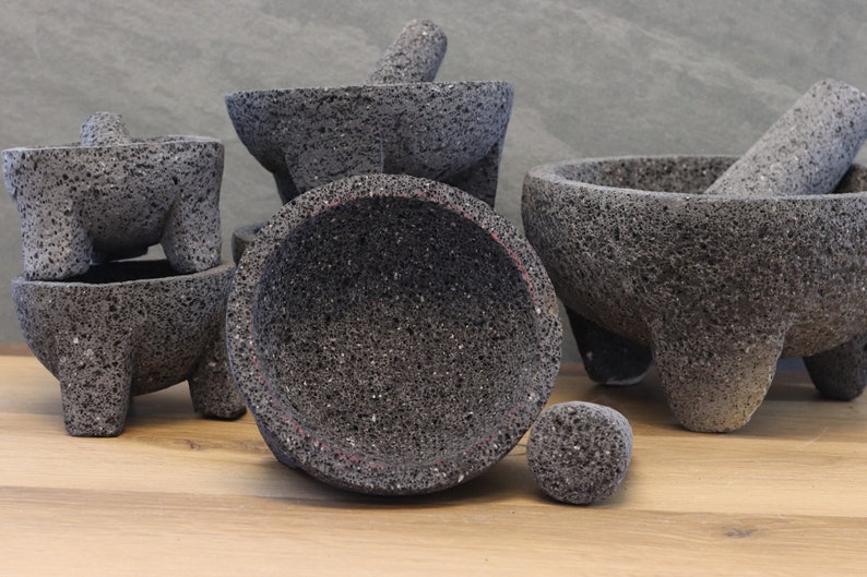 Perfect for salsas, guacamole, meats, barbecues, seafood, appetizer, etc. These bowl & pestle molcajetes are a must have for your parties, family dinners,  restaurant, or formal special occasions. Black/dark grey lava rock