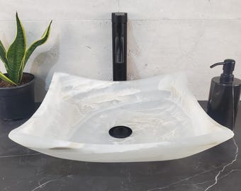 Square White Onyx Vessel Bathroom Sink, 15.5 x 15.7 inch Small Above Counter Polished Finish Sink, Transparent Stone