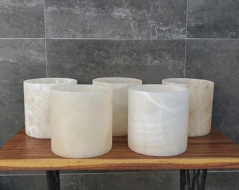 Cream Onyx Stone Waste Basket, Trash Bin, Rubbish Container, Round Cylinder, 8 inch