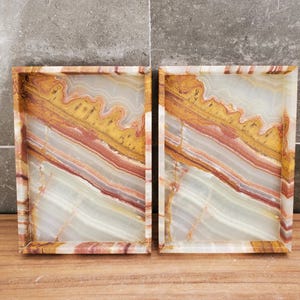 Banded Onyx Stone Bathroom Accessory Tray. Rectangle Towel Tray. Upscale Luxury Design elements found at www.felipandgrace.com