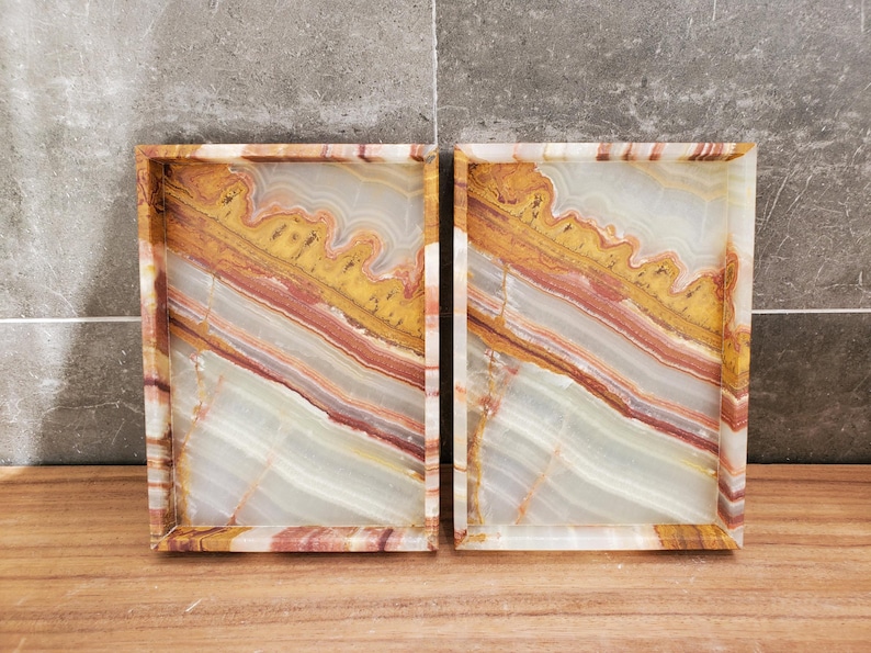 Banded Onyx Stone Bathroom Accessory Tray. Rectangle Towel Tray. Upscale Luxury Design elements found at www.felipandgrace.com