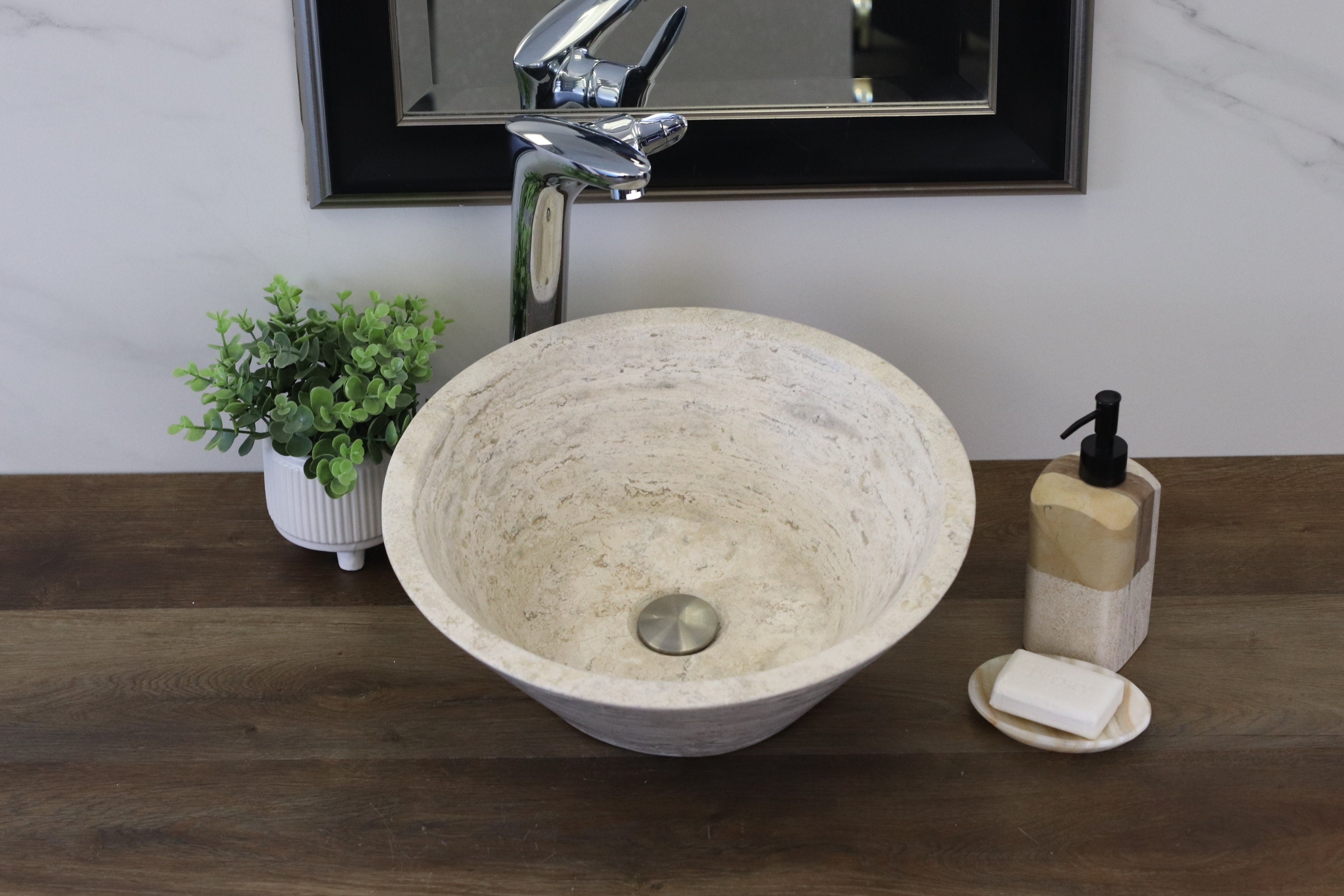 Travertine Round Vessel Sink, 15.5 inch Neutral Limestone Stone Hand Basin, Trending Bathroom Finish