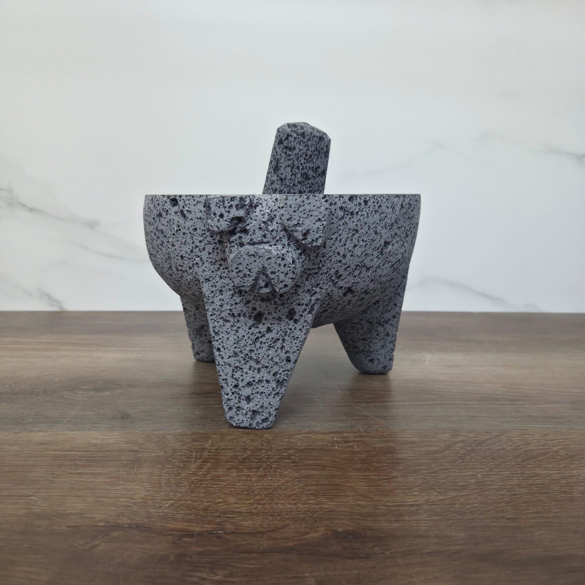 Handmade Pig Face Guacamole Molcajete – 7.5 Inch Carved Basalt Lava Stone Mortar & Pestle From Mexico