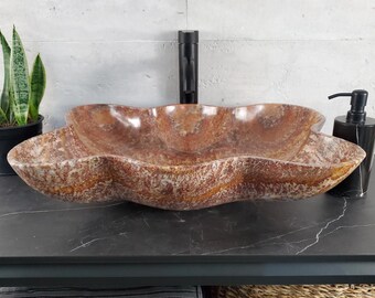 Onyx Stone Vessel Bathroom Sink, 21 x 15.5 inch Red and Tan Stone Polished Luxury Bathroom Finish