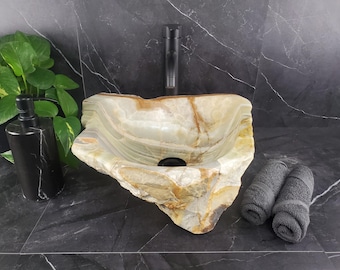 Green Gray and Umber Onyx Stone Vessel Bathroom Sink, 16 x 14.5 inch Above Counter Stone Basin, Rustic Home Finish