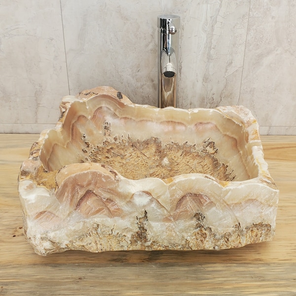 Stone Vessel Bathroom Sink, 16 x 14 inch Brown Onyx Handmade Hand Basin, Above Counter Sink