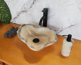Beige Onyx Vessel Sink, Natural Stone Bathroom Sink, Hand Carved Onyx Basin, Unique Vanity Countertop Sink, Spa Bathroom Decor 16x13