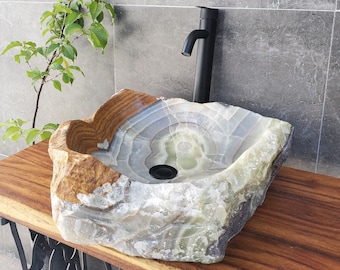 Green Gray and Brown Onyx Stone Vessel Bathroom Sink, 20 x 18 inch Handmade Basin, Luxury Stone Finish