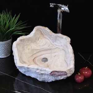 Natural Stone Vessel Sink, Neutral White Onyx Handmade Basin, Rustic Above Counter Sink, Small Polished Finish Sink
