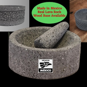 8&quot; Flat Bottom Molcajete 100% Lava Volcanic Stone, Mortar and Pestle Set, Authentic Mexican Kitchen
