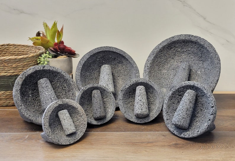 Perfect for salsas, guacamole, meats, barbecues, seafood, appetizer, etc. These bowl & pestle molcajetes are a must have for your parties, family dinners,  restaurant, or formal special occasions. Black/dark grey lava rock