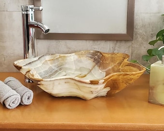 Brown, White, and Green Onyx Vessel Bathroom Sink, 19 x 16 inch Above Counter Stone Sink