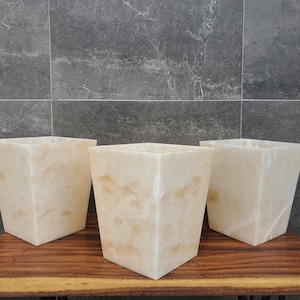 Neutral White and Beige Onyx Stone Waste Basket, Square Trash Bin, Rubbish Container