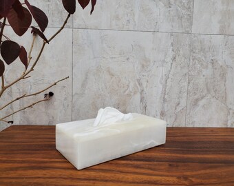 White Onyx Stone Facial Tissue Box Cover, Rectangle with Thin Rectangle Opening