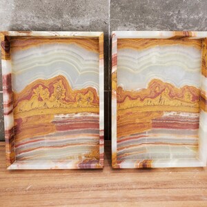 Banded Onyx Stone Bathroom Accessory Tray. Rectangle Towel Tray. Upscale Luxury Design elements found at www.felipandgrace.com