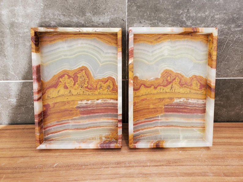 Banded Onyx Stone Bathroom Accessory Tray. Rectangle Towel Tray. Upscale Luxury Design elements found at www.felipandgrace.com