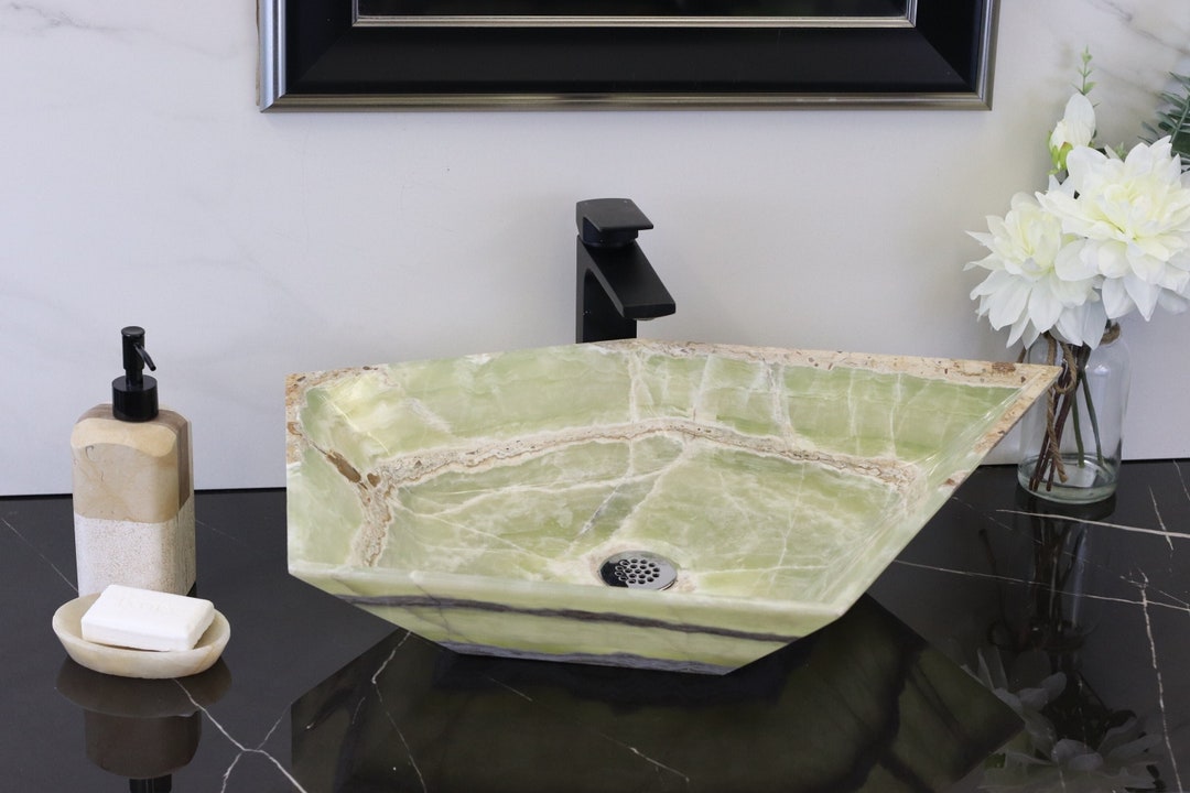 Green Onyx Bathroom Vessel Sink, Stone Hand Basin, Luxury Above Counter