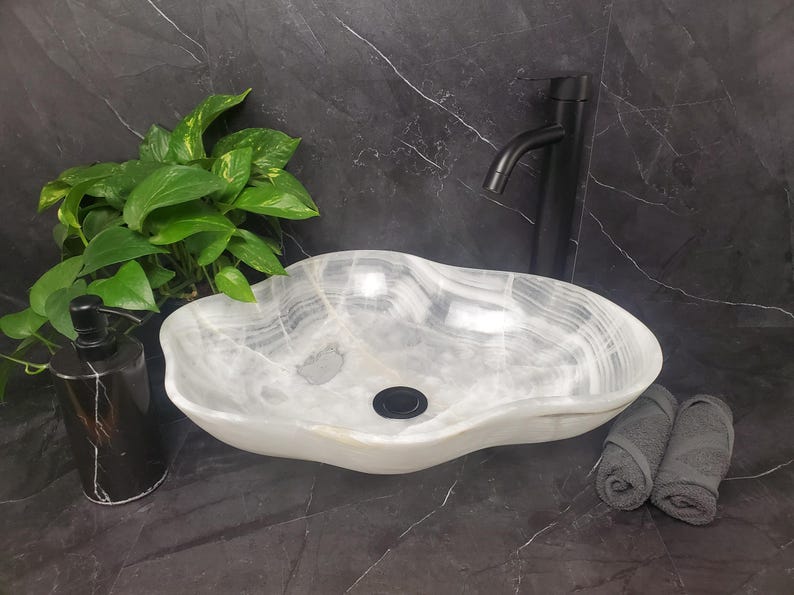 White Translucent Onyx Vessel Bathroom Sink, 20 X 15 Inch Stone Above ...