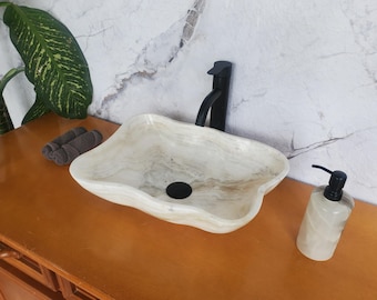 Lavabo de lujo de ónix beige, lavabo de piedra natural tallado a mano, lavabo de tocador único, decoración de baño estilo spa, lavabo de encimera moderno de 18x13