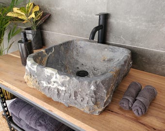 Lavabo de piedra gris pizarra y ónix verde, 39,4 x 38,1 cm, pequeño lavabo de piedra sobre encimera, acabado de lujo para baño