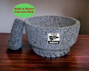 Round Molcajete 100% Lava Volcanic Stone, Mortar and Pestle Set, Authentic Mexican Kitchen