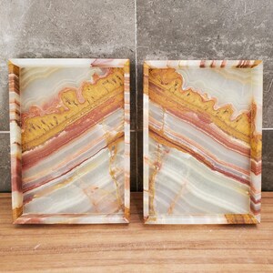 Banded Onyx Stone Bathroom Accessory Tray. Rectangle Towel Tray. Upscale Luxury Design elements found at www.felipandgrace.com