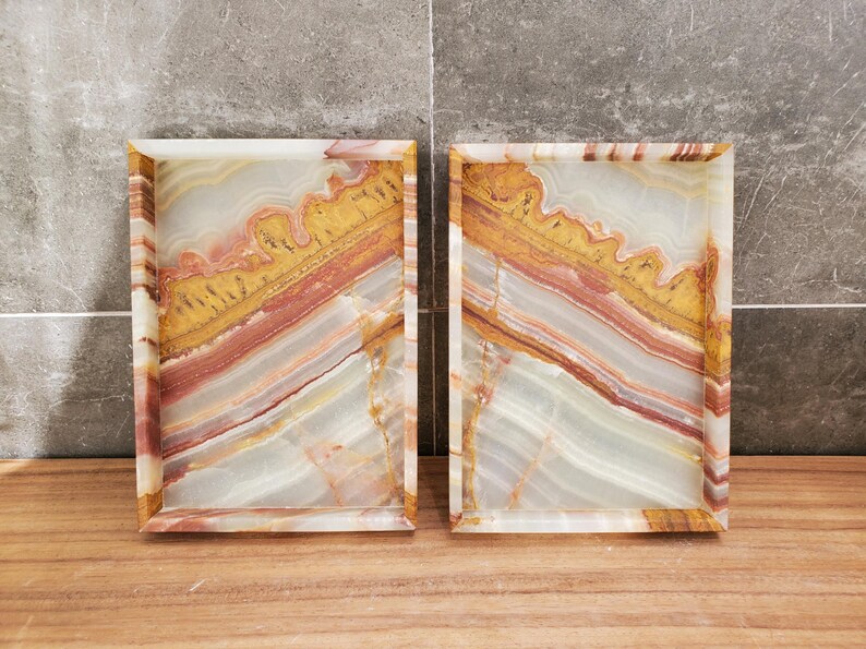 Banded Onyx Stone Bathroom Accessory Tray. Rectangle Towel Tray. Upscale Luxury Design elements found at www.felipandgrace.com