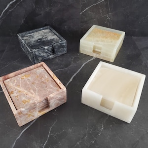 Onyx Square Drink Coasters, Stone Set of 6 with Holder, Living Room and Patio Decor