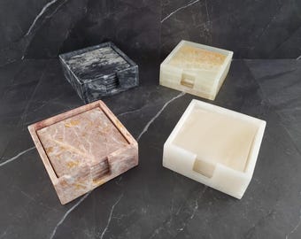 Onyx Square Drink Coasters, Stone Set of 6 with Holder, Living Room and Patio Decor