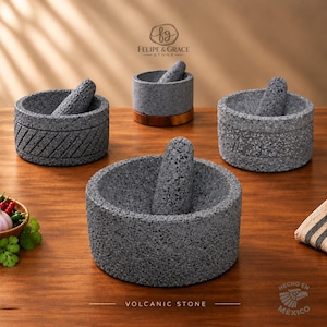 8 "flacher Boden Molcajete 100% Lava Vulkanstein, Mörser und Stößel Set, authentische mexikanische Küche