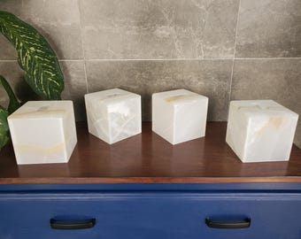 Onyx Stone Tissue Box Cover, White Transparent Bathroom Accessory, Polished Ice Onyx Facial Tissue Box, Cube