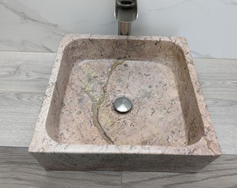 Pink Marble Vessel Sink, 15.75 x 15.75 inch Square Polished Stone Bathroom Finish
