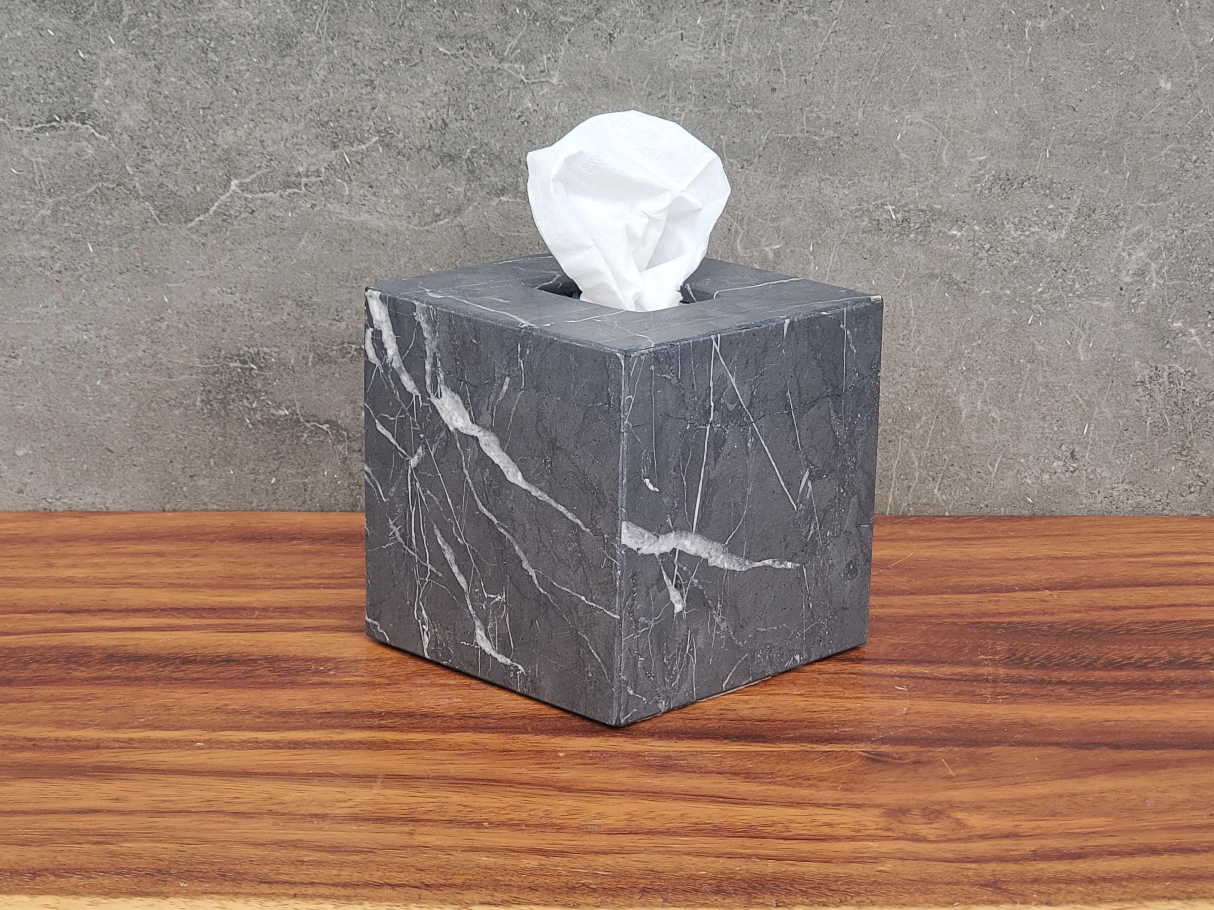 Black Matte Marble Tissue Box Cover, 6 X 6 Inch Square Stone