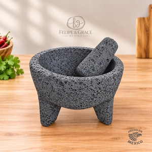 Juego de mortero y maja de piedra volcánica 100 % lava Molcajete original de 8 pulgadas